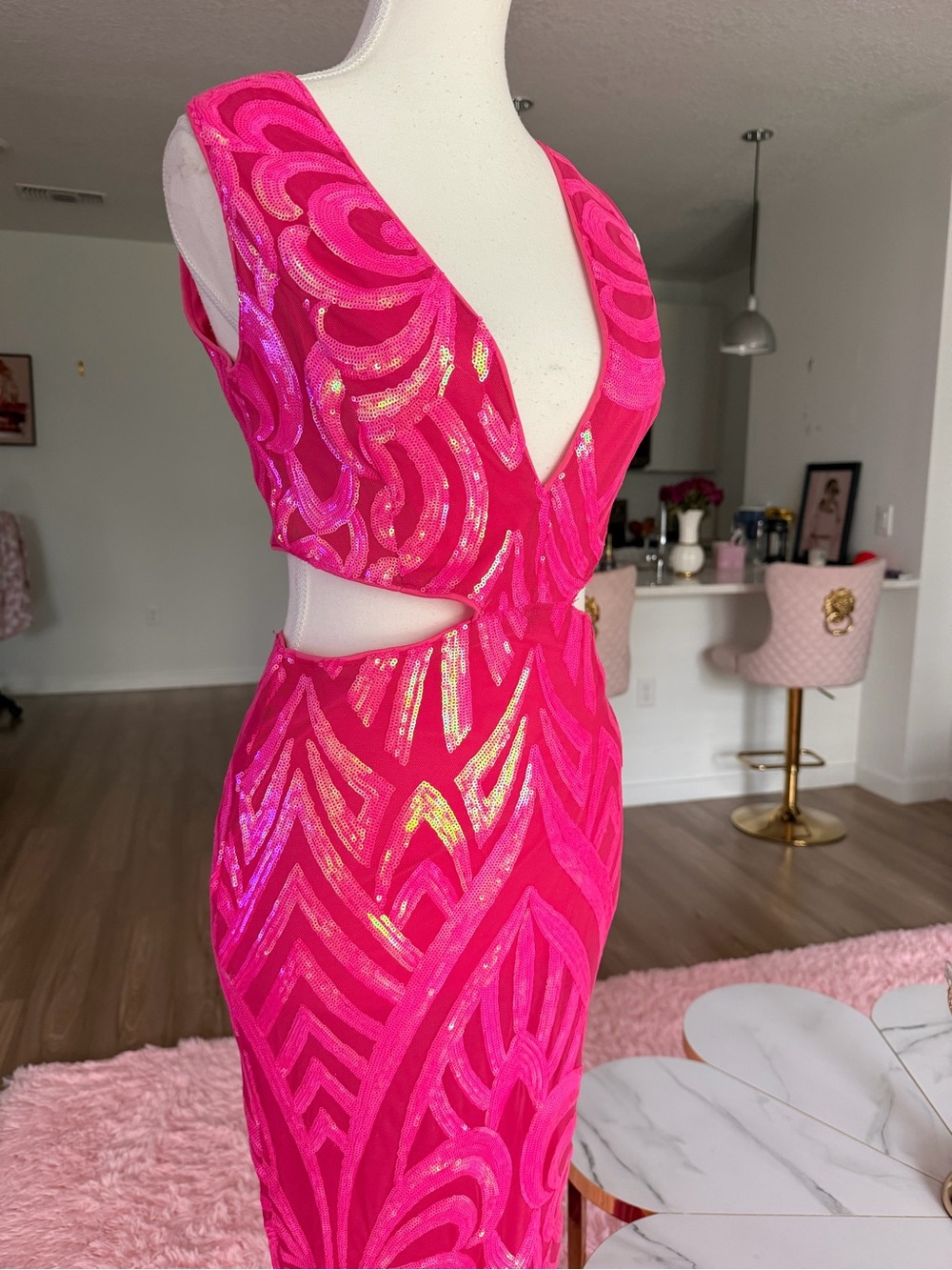 Maxi vibrant Hot Pink Sequin Cutout Evening Dress size S